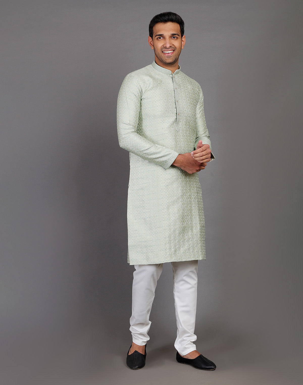 Collection of Pista Green Thread With Brocade Design Soft Silk Kurta Set in a gallery layout