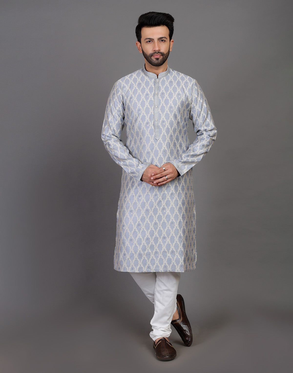 Collection of All Over Floral Weaving Work Grey Elegant Kurta Pyjama Set in a gallery layout