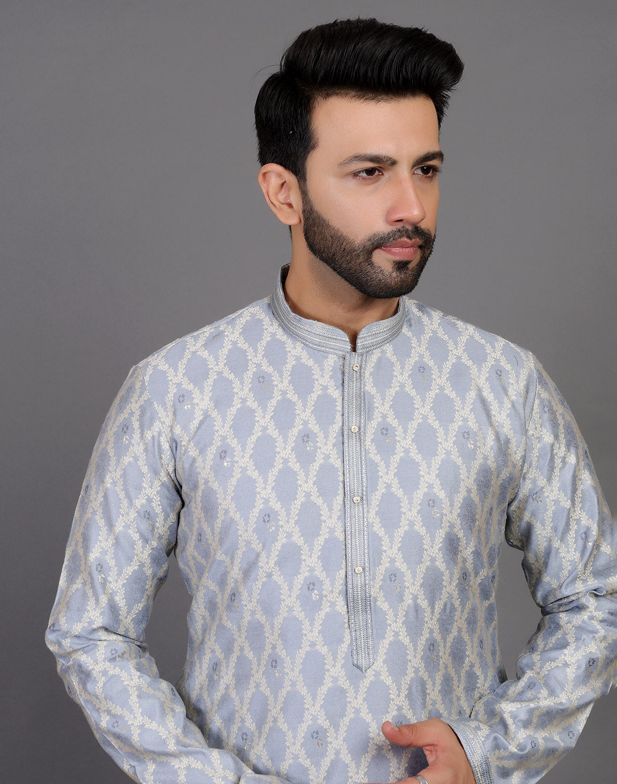 Collection of All Over Floral Weaving Work Grey Elegant Kurta Pyjama Set in a gallery layout