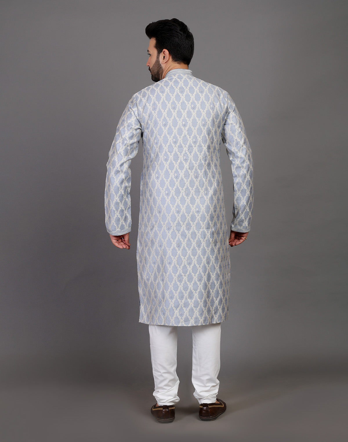 Collection of All Over Floral Weaving Work Grey Elegant Kurta Pyjama Set in a gallery layout