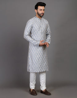 Collection of All Over Floral Weaving Work Grey Elegant Kurta Pyjama Set in a gallery layout