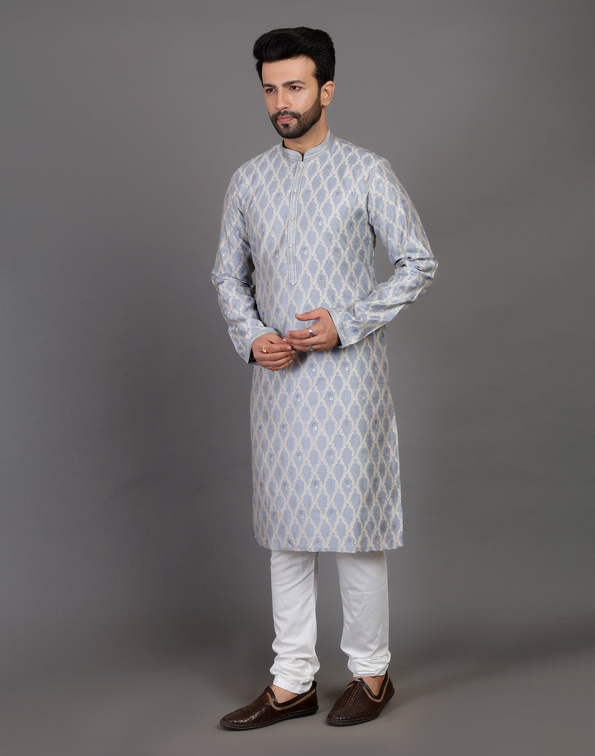 All Over Floral Weaving Work Grey Elegant Kurta Pyjama Set