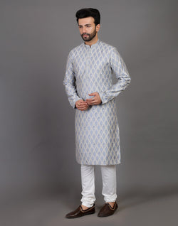 Collection of All Over Floral Weaving Work Grey Elegant Kurta Pyjama Set in a gallery layout