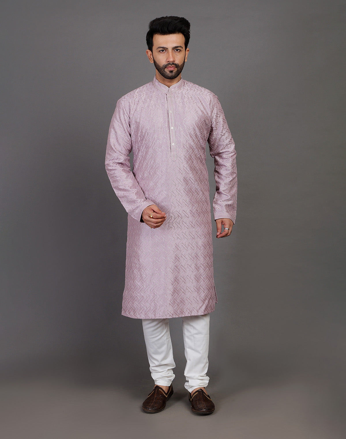 Collection of Soft Silk Simple and Comfort Sequence Work Lavender Kurta Set in a gallery layout