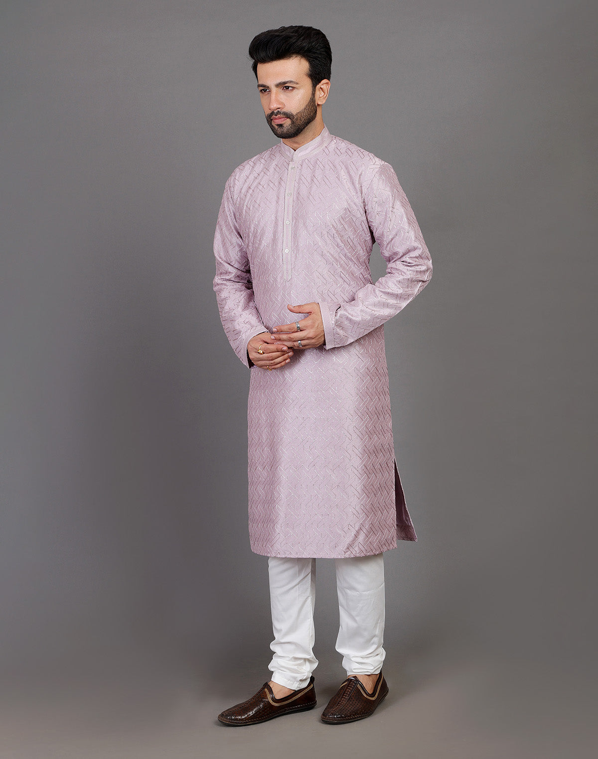 Collection of Soft Silk Simple and Comfort Sequence Work Lavender Kurta Set in a gallery layout