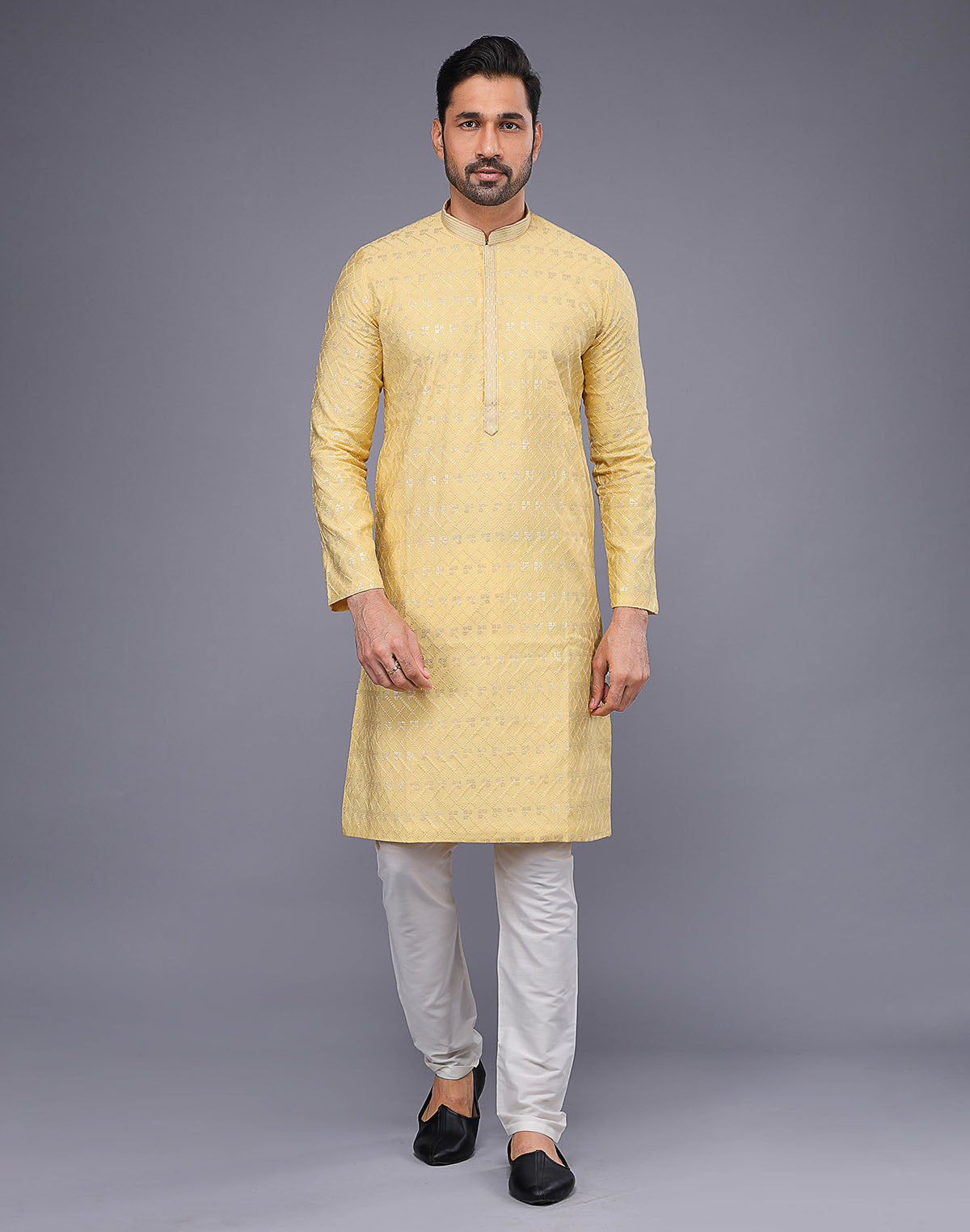 Elegant Yellow Embellished With Thread Work Kurta Pyjama Set