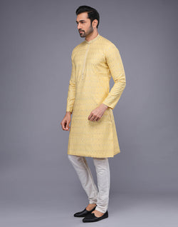 Collection of Elegant Yellow Embellished With Thread Work Kurta Pyjama Set in a gallery layout