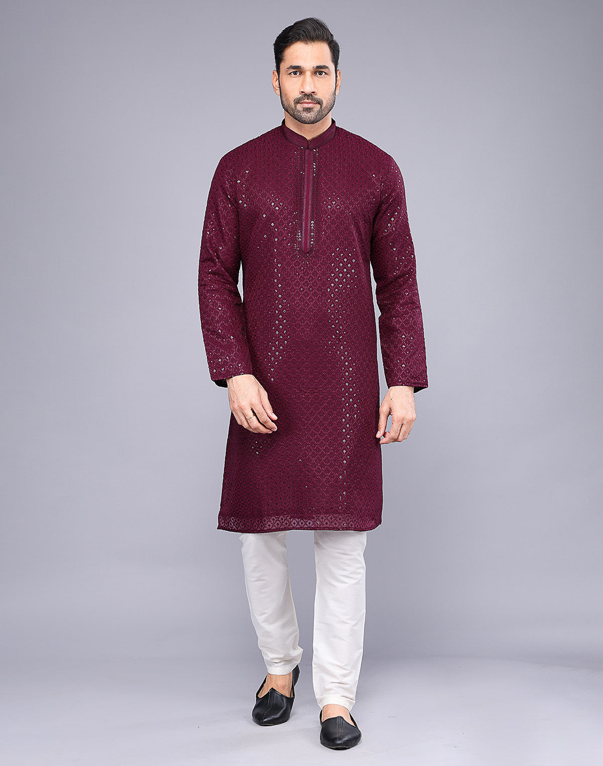 Elegant Maroon Embellished Work Georgette Kurta Pyjama Set