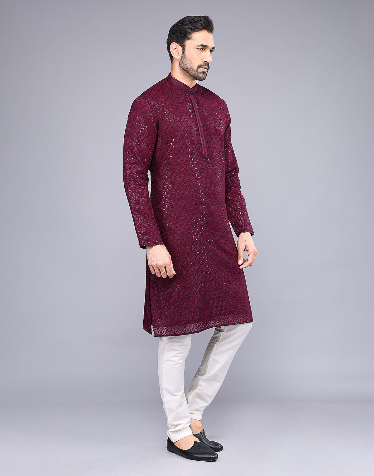 Collection of Elegant Maroon Embellished Work Georgette Kurta Pyjama Set in a gallery layout