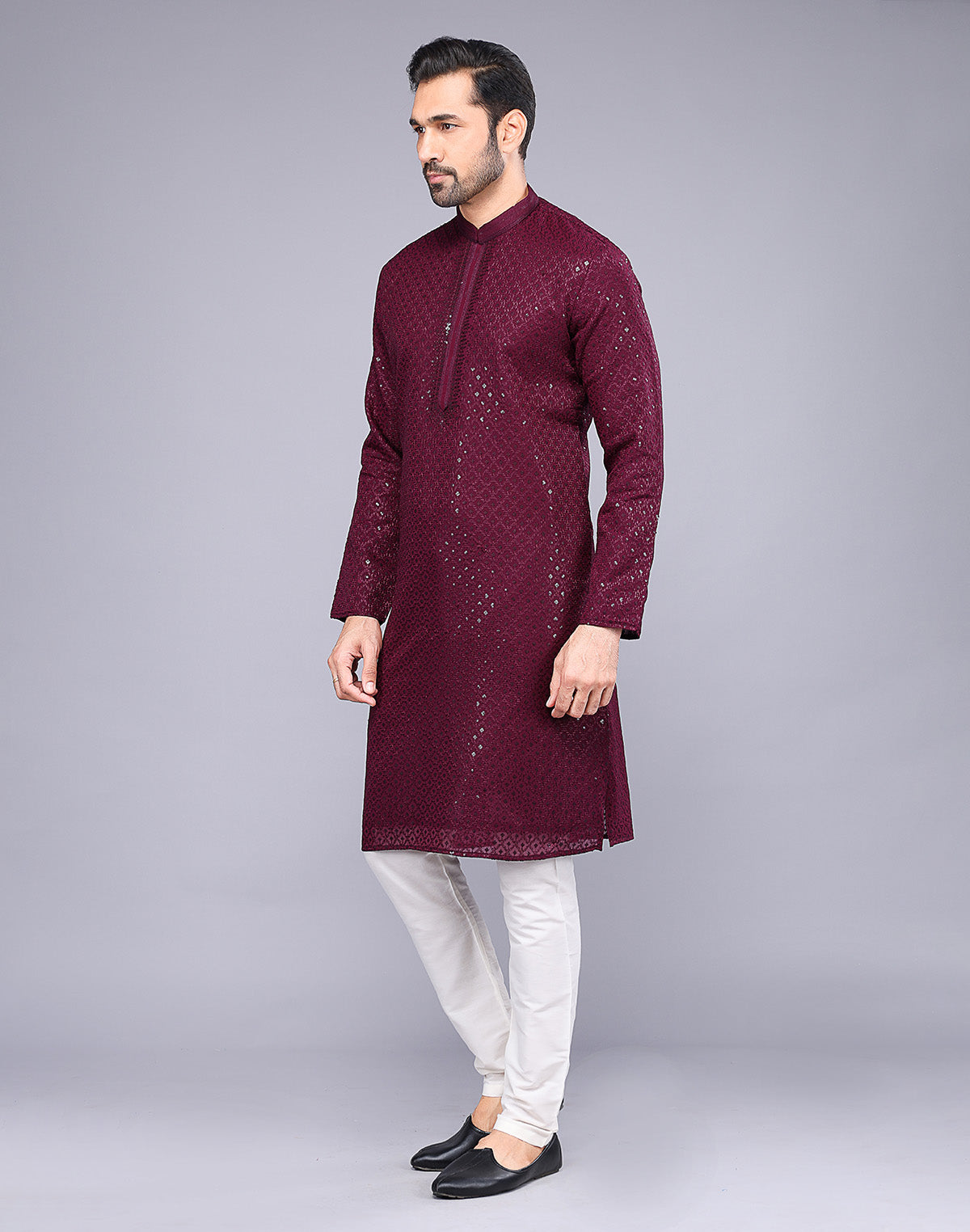 Elegant Maroon Embellished Work Georgette Kurta Pyjama Set