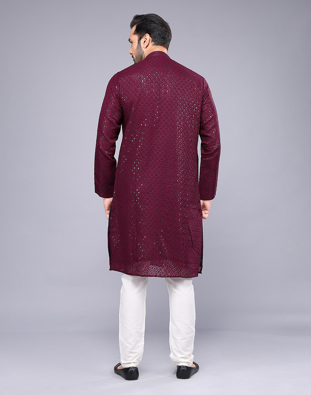 Collection of Elegant Maroon Embellished Work Georgette Kurta Pyjama Set in a gallery layout