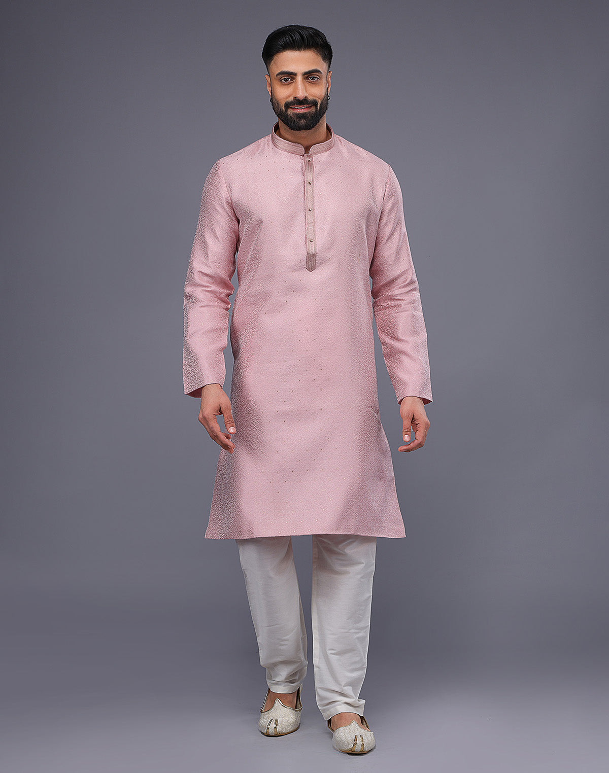 Light Pink Soft Silk Self Design Kurta Pyjama Set