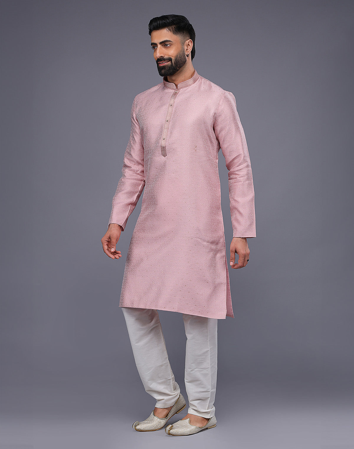 Collection of Light Pink Soft Silk Self Design Kurta Pyjama Set in a gallery layout