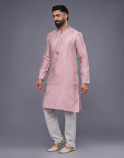 Collection of Light Pink Soft Silk Self Design Kurta Pyjama Set in a gallery layout