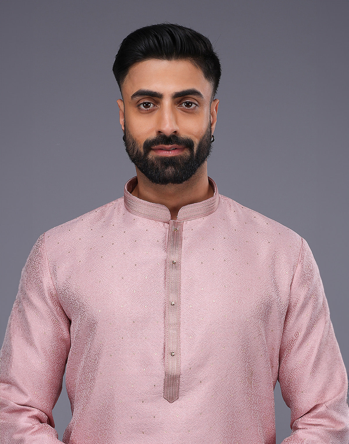 Collection of Light Pink Soft Silk Self Design Kurta Pyjama Set in a gallery layout