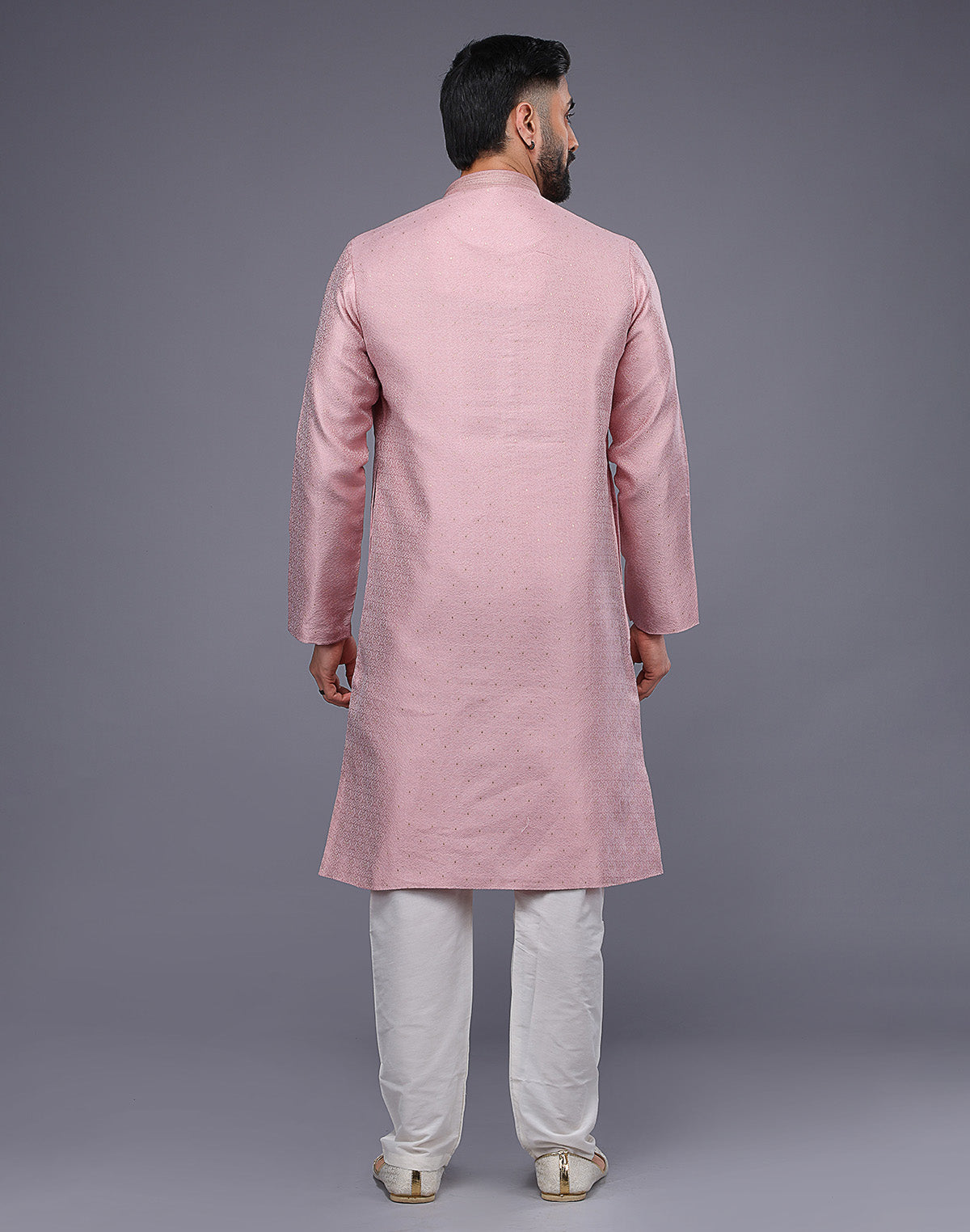 Collection of Light Pink Soft Silk Self Design Kurta Pyjama Set in a gallery layout