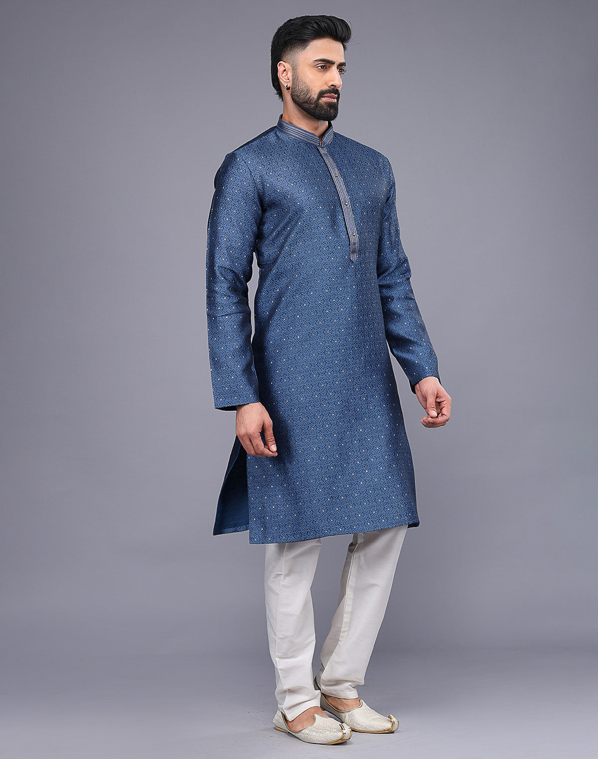 Collection of All Over Self Floral Design Soft Silk Rama Blue Kurta Set in a gallery layout