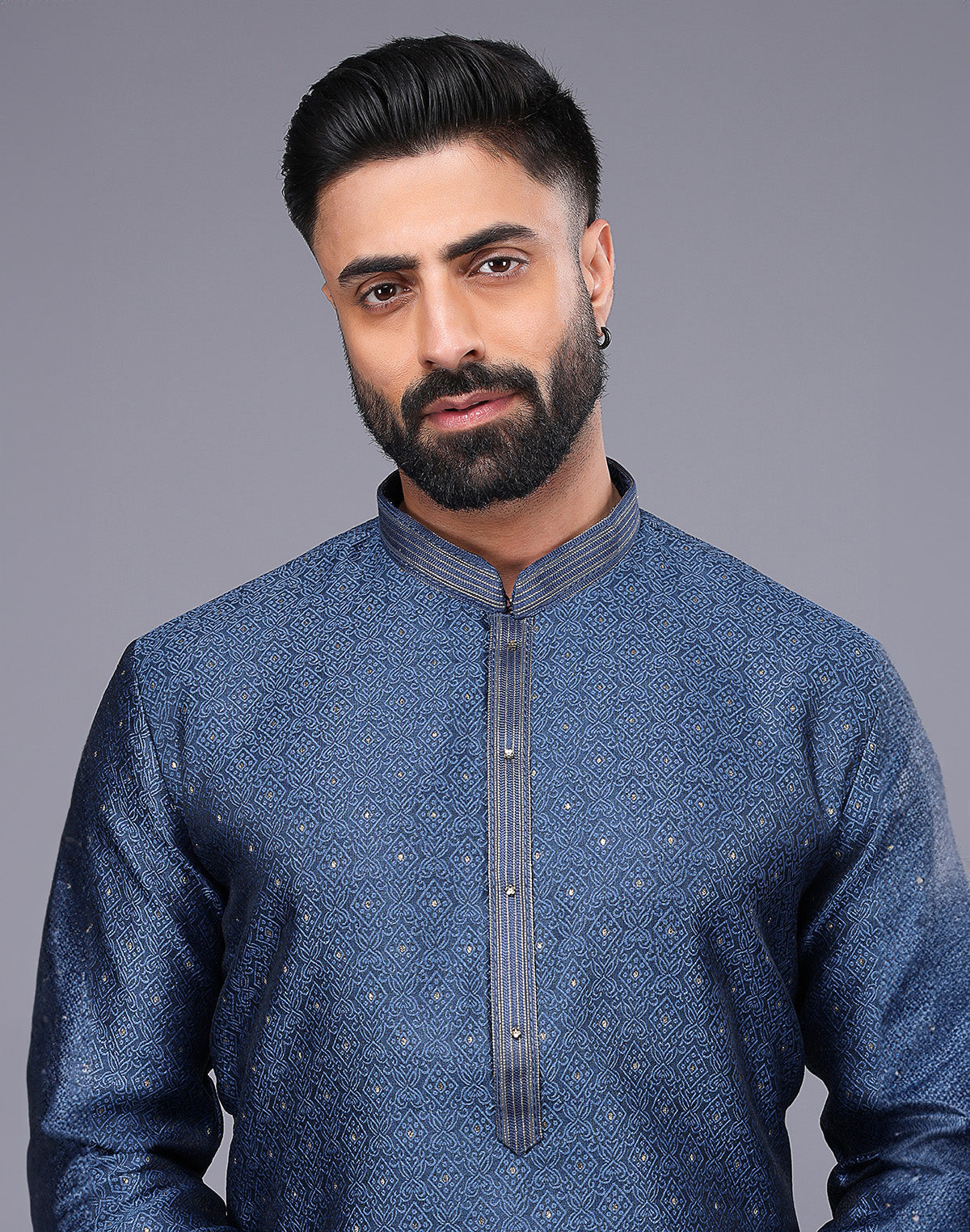 Collection of All Over Self Floral Design Soft Silk Rama Blue Kurta Set in a gallery layout