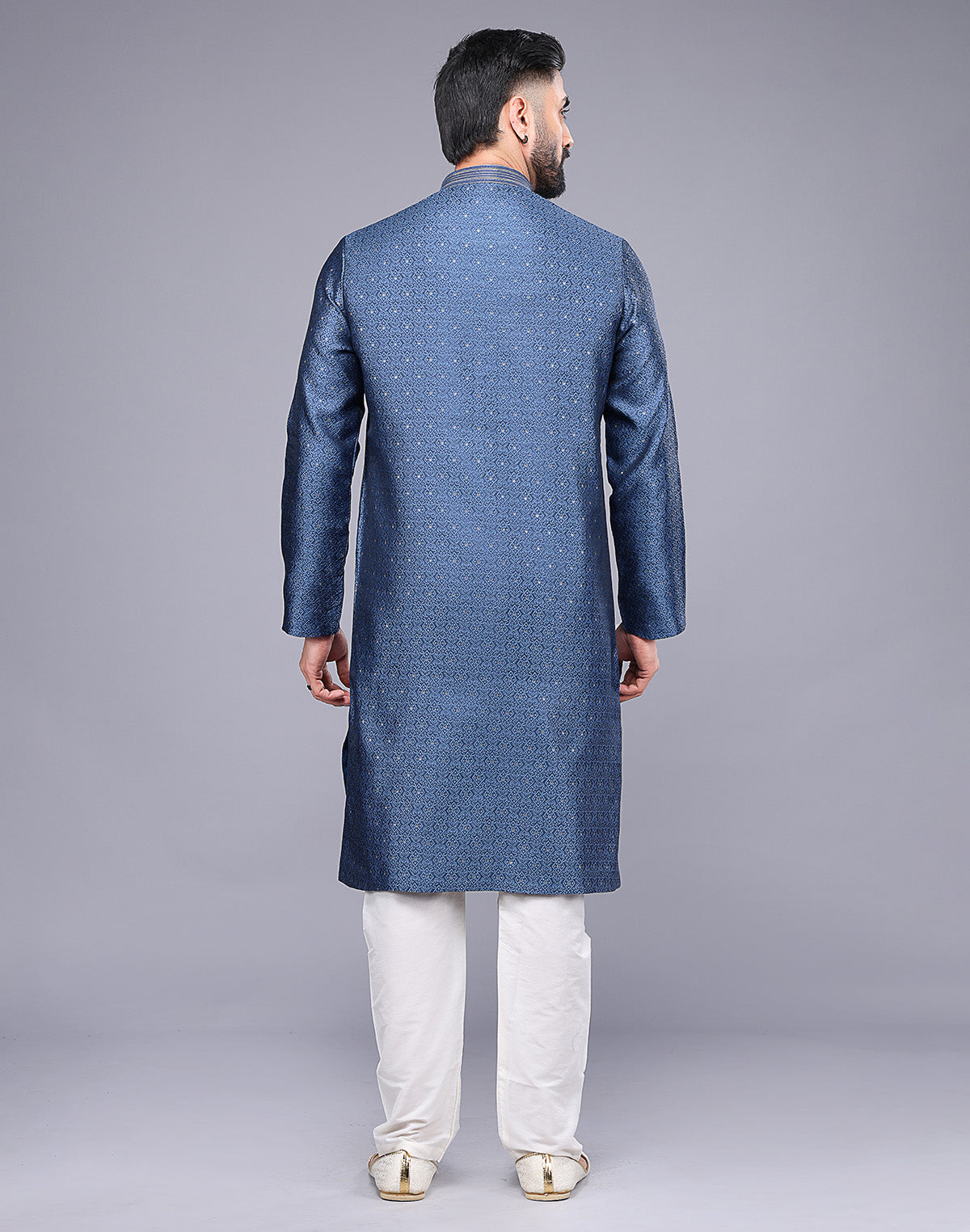 Collection of All Over Self Floral Design Soft Silk Rama Blue Kurta Set in a gallery layout