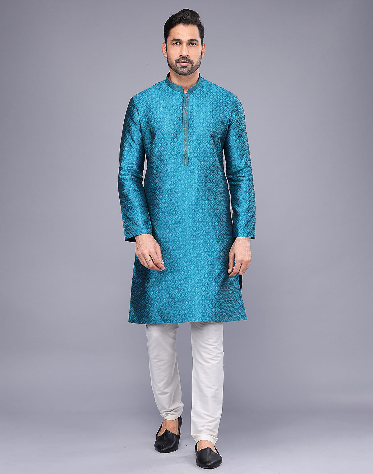 Soft Silk Rama Blue Self Brocade Design Thread Embroidery Kurta Set