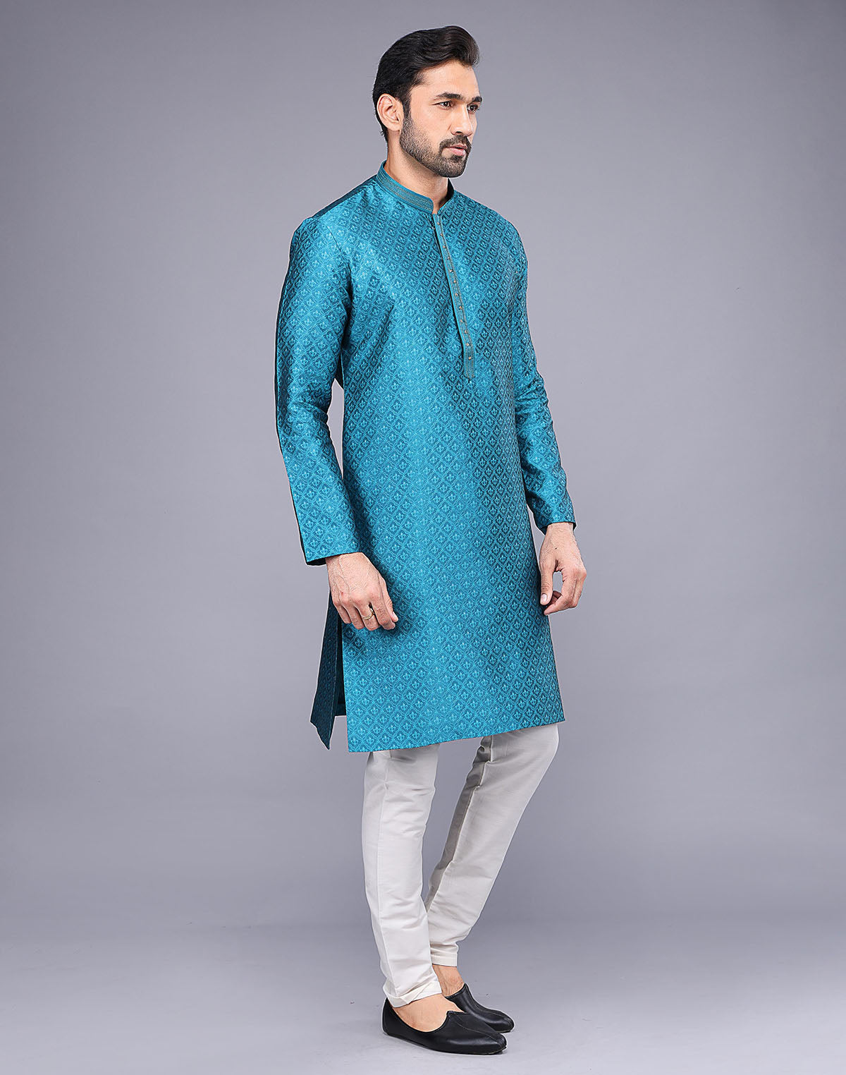 Collection of Soft Silk Rama Blue Self Brocade Design Thread Embroidery Kurta Set in a gallery layout