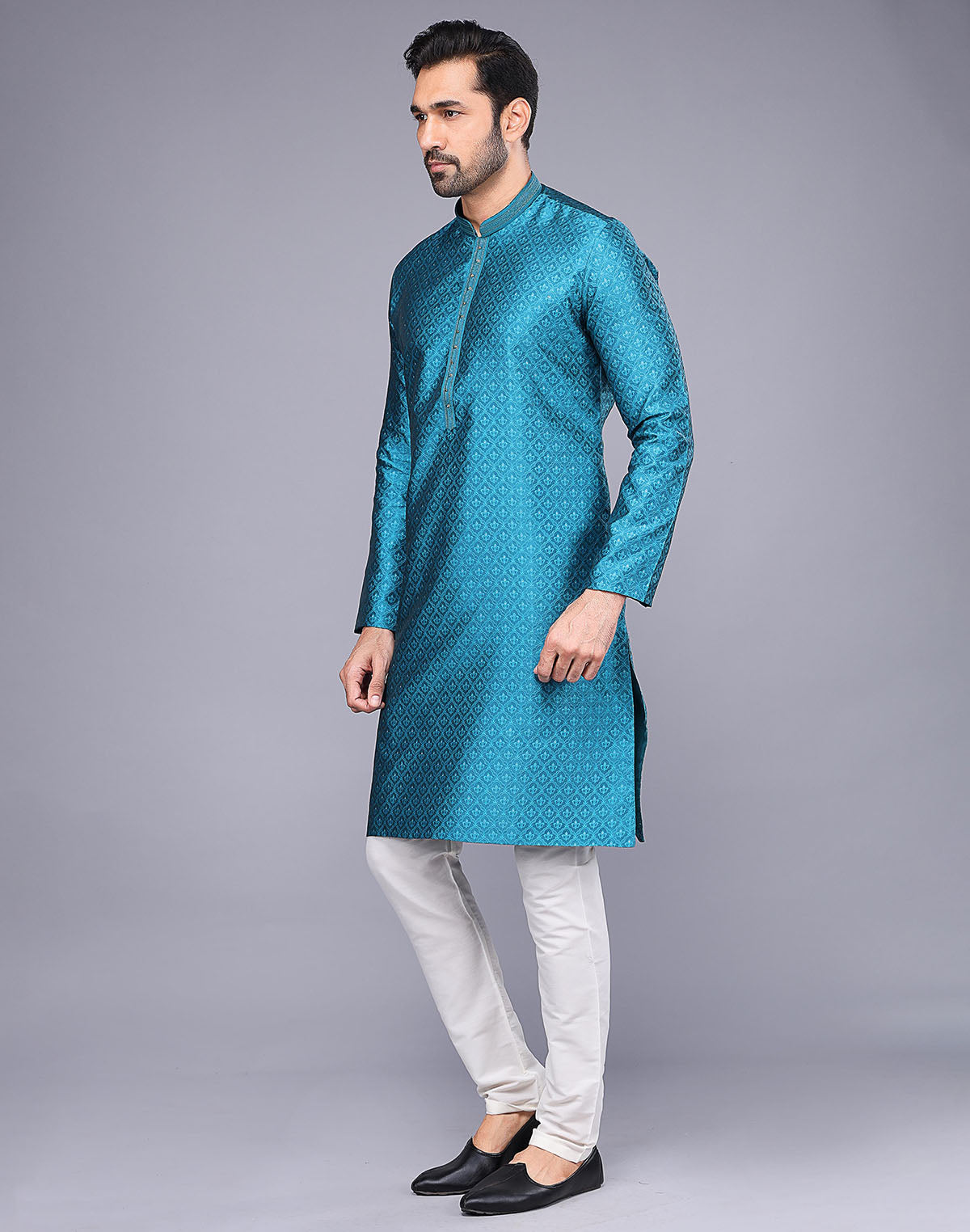 Collection of Soft Silk Rama Blue Self Brocade Design Thread Embroidery Kurta Set in a gallery layout