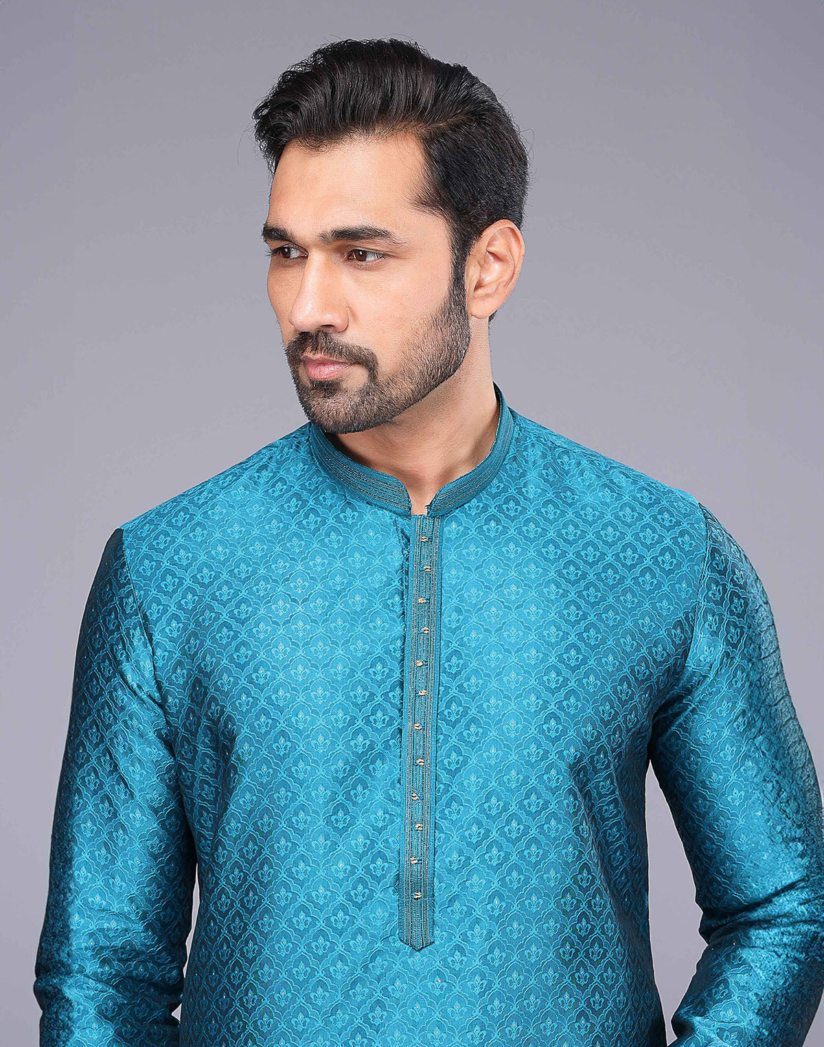 Collection of Soft Silk Rama Blue Self Brocade Design Thread Embroidery Kurta Set in a gallery layout