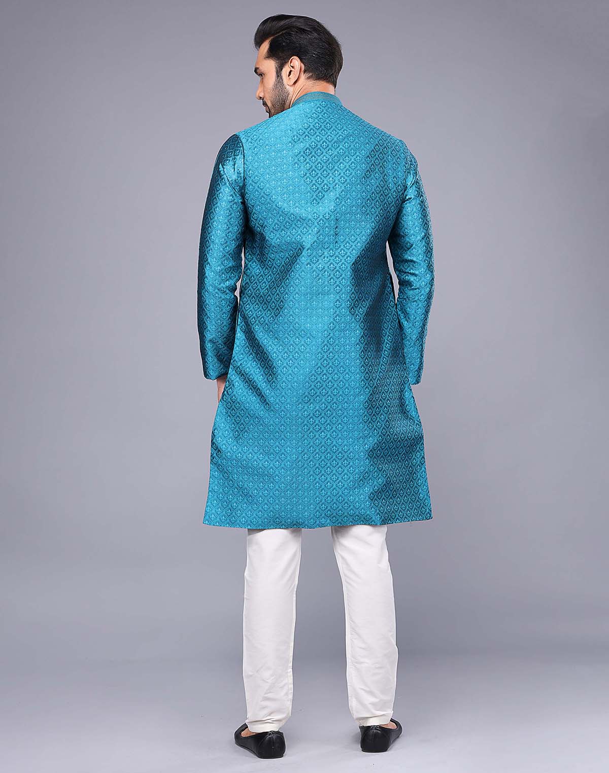 Collection of Soft Silk Rama Blue Self Brocade Design Thread Embroidery Kurta Set in a gallery layout