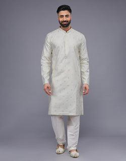 Collection of Cream Coloured Silver Floral Design Soft Silk Kurta Set in a gallery layout