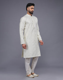 Collection of Cream Coloured Silver Floral Design Soft Silk Kurta Set in a gallery layout