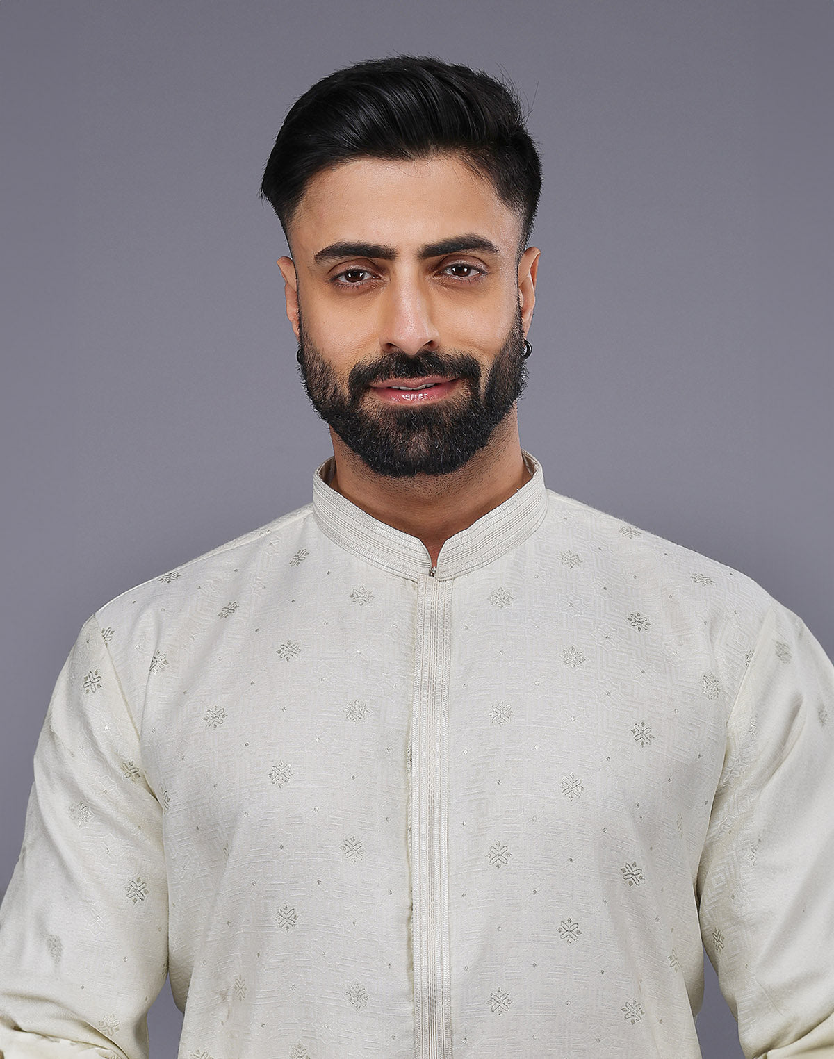 Collection of Cream Coloured Silver Floral Design Soft Silk Kurta Set in a gallery layout