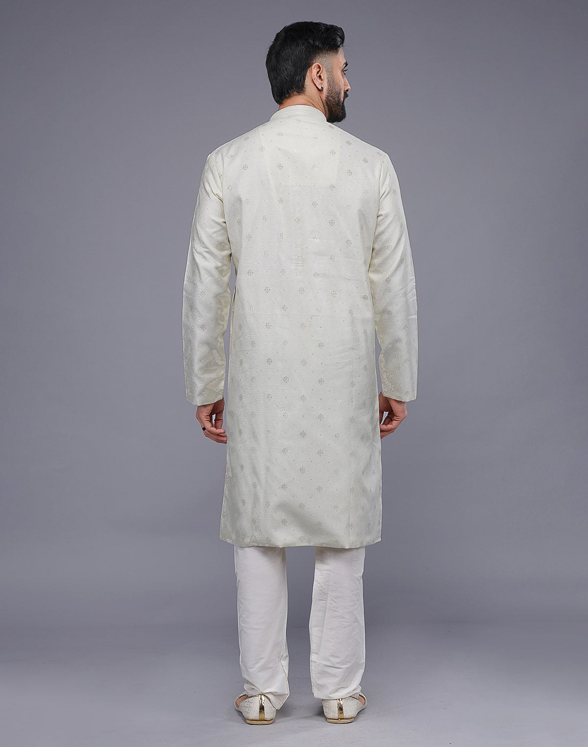 Collection of Cream Coloured Silver Floral Design Soft Silk Kurta Set in a gallery layout