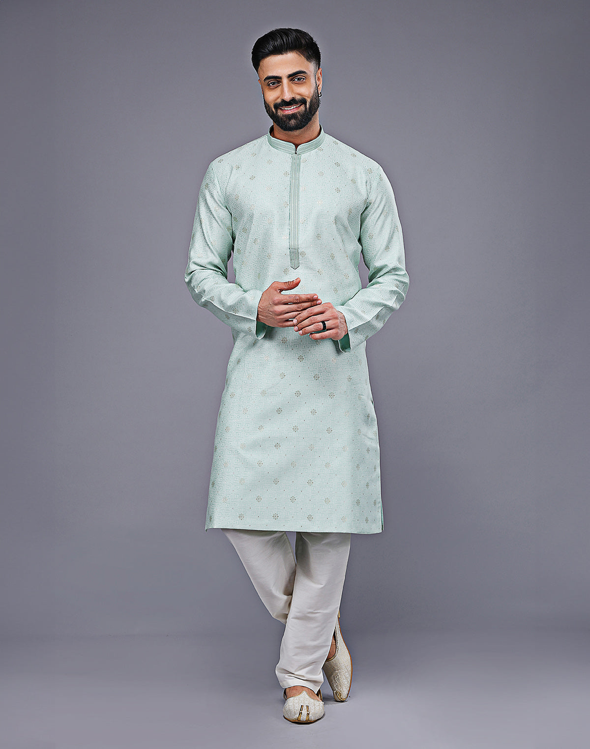 Collection of Simple Sky Blue Silver Butta Soft Silk Kurta Pyjama Set in a gallery layout