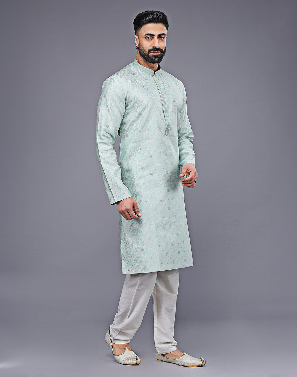 Simple Sky Blue Silver Butta Soft Silk Kurta Pyjama Set