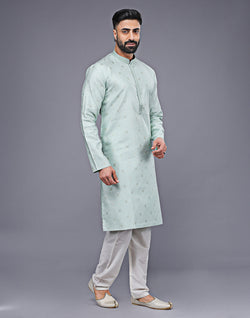 Collection of Simple Sky Blue Silver Butta Soft Silk Kurta Pyjama Set in a gallery layout