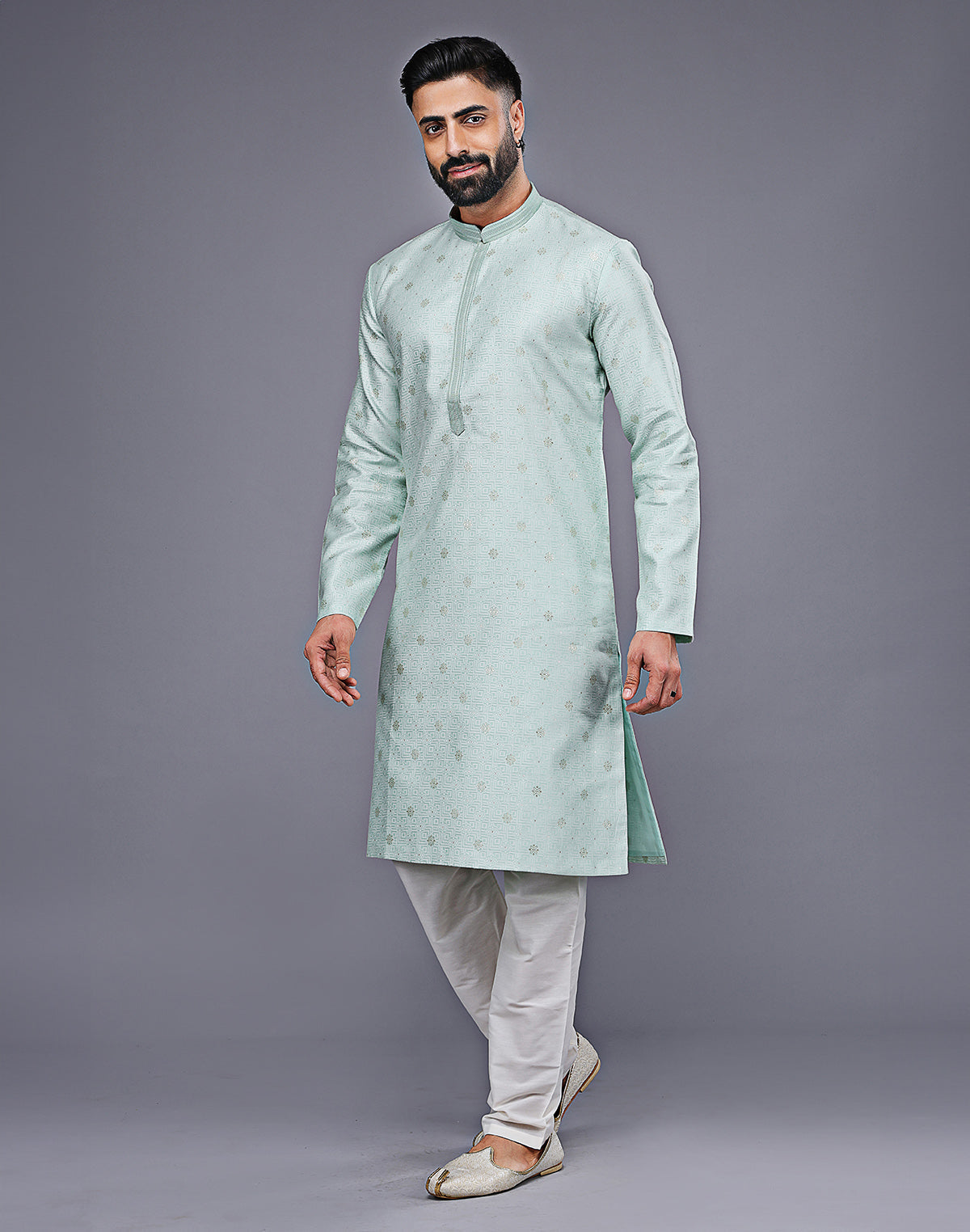 Simple Sky Blue Silver Butta Soft Silk Kurta Pyjama Set