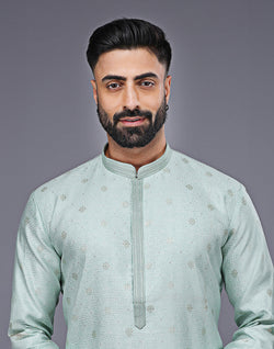 Collection of Simple Sky Blue Silver Butta Soft Silk Kurta Pyjama Set in a gallery layout