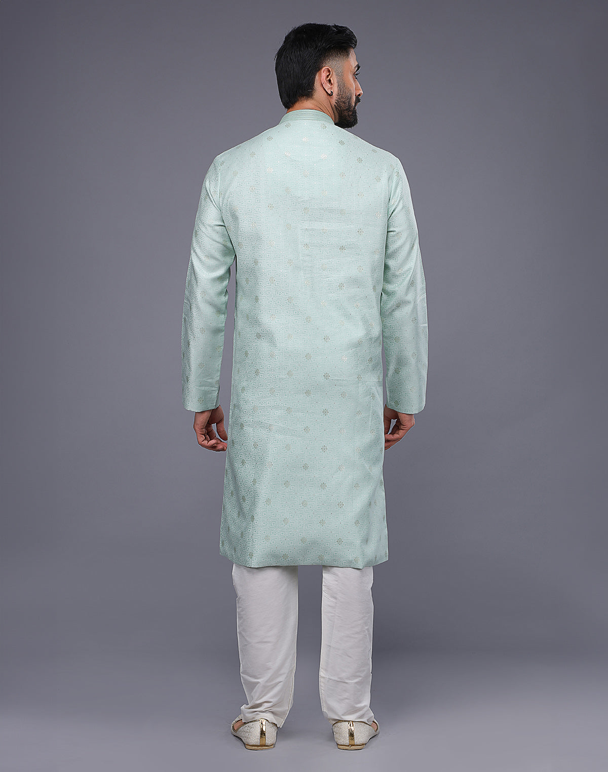 Collection of Simple Sky Blue Silver Butta Soft Silk Kurta Pyjama Set in a gallery layout