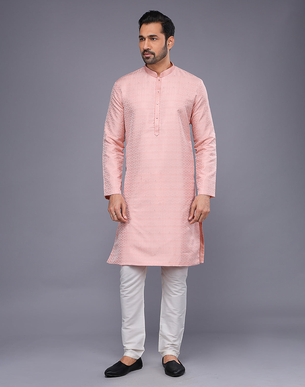 Peach Self Brocade Design Thread Soft Silk Kurta Pyjama Set