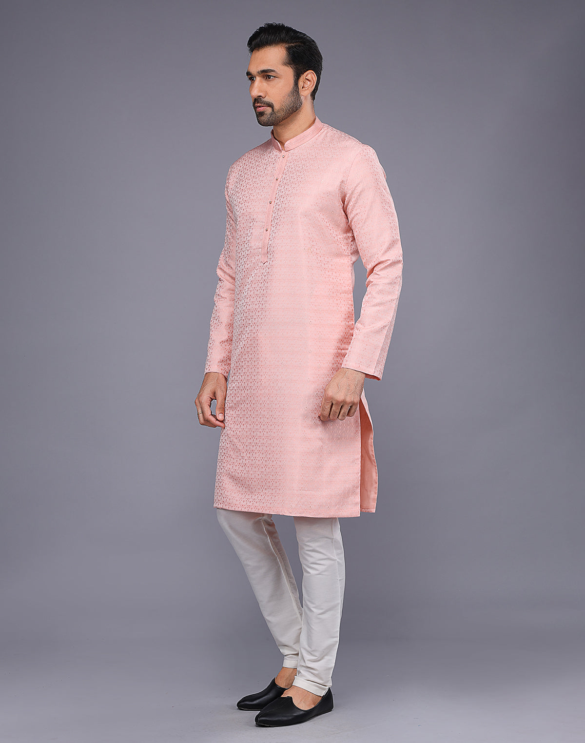 Peach Self Brocade Design Thread Soft Silk Kurta Pyjama Set