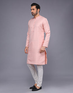 Collection of Peach Self Brocade Design Thread Soft Silk Kurta Pyjama Set in a gallery layout