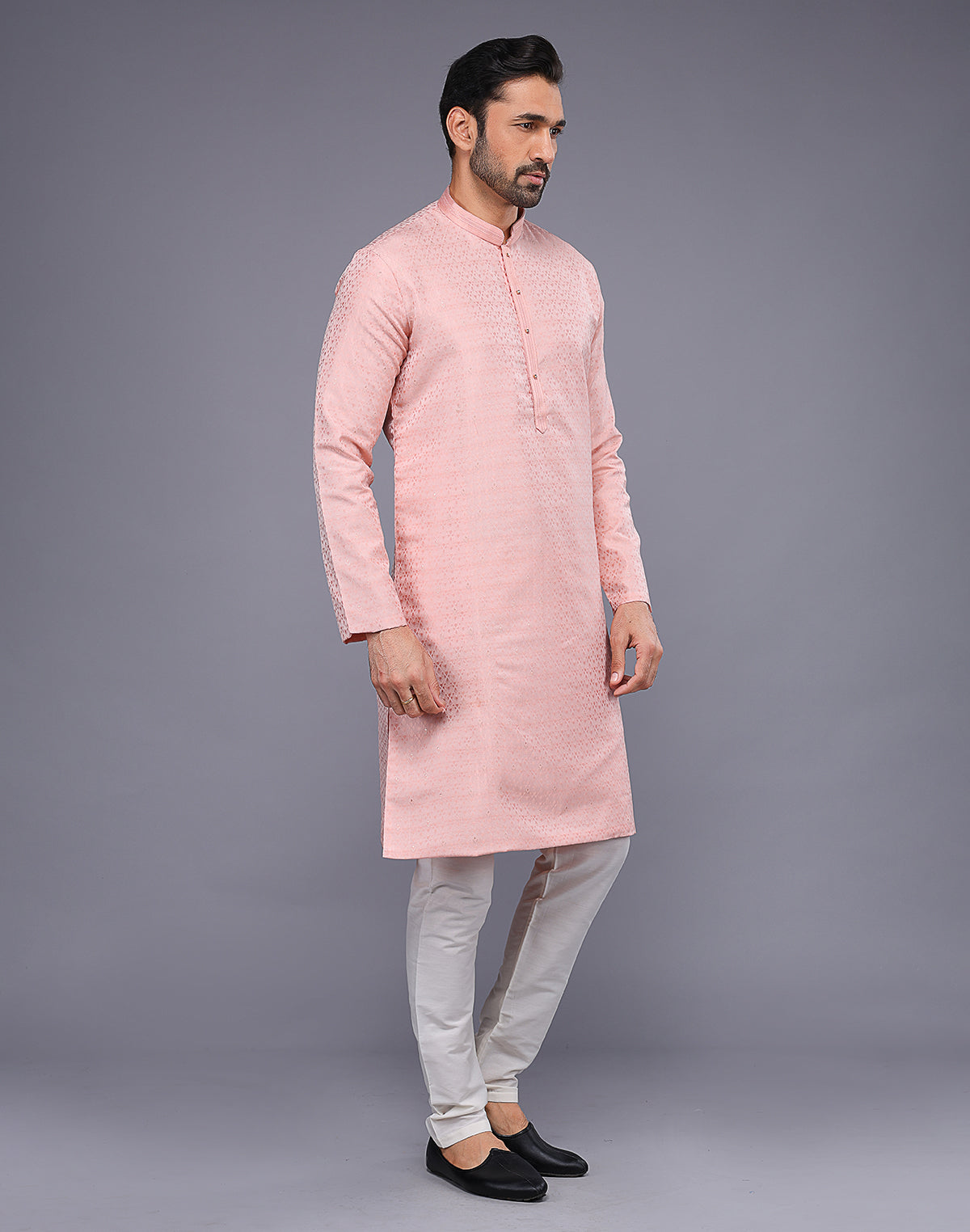 Collection of Peach Self Brocade Design Thread Soft Silk Kurta Pyjama Set in a gallery layout