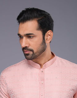 Collection of Peach Self Brocade Design Thread Soft Silk Kurta Pyjama Set in a gallery layout