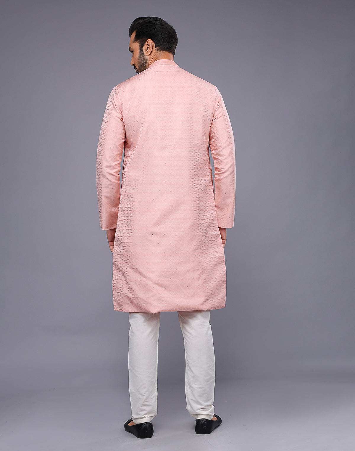 Collection of Peach Self Brocade Design Thread Soft Silk Kurta Pyjama Set in a gallery layout