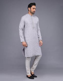 Collection of All Over Thread Work Soft Silk Grey Color Kurta Set in a gallery layout