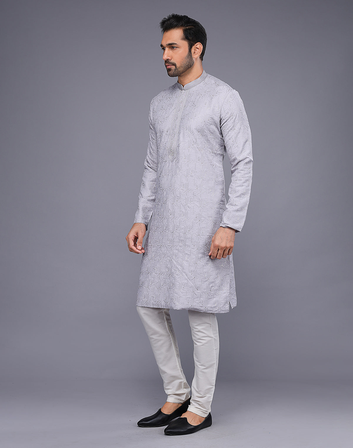 Collection of All Over Thread Work Soft Silk Grey Color Kurta Set in a gallery layout