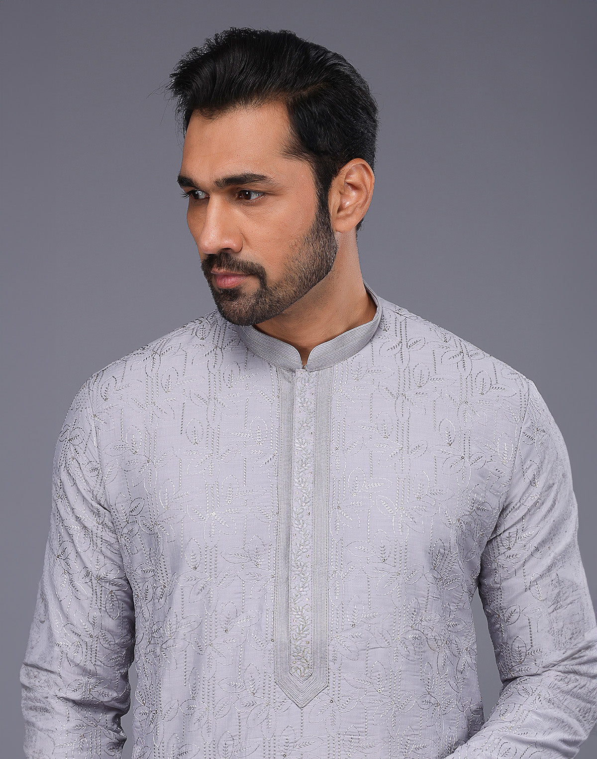 Collection of All Over Thread Work Soft Silk Grey Color Kurta Set in a gallery layout