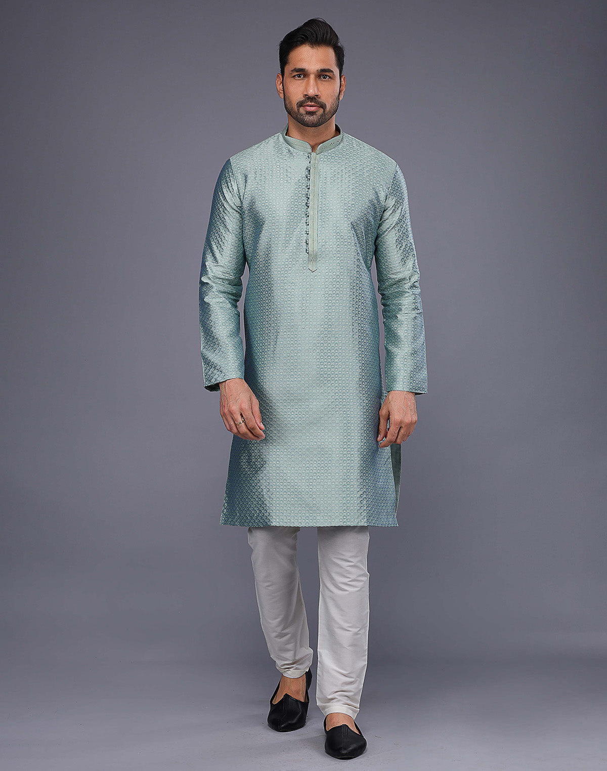 Light Blue Jacquard Geometric Design Thread Work Kurta Set