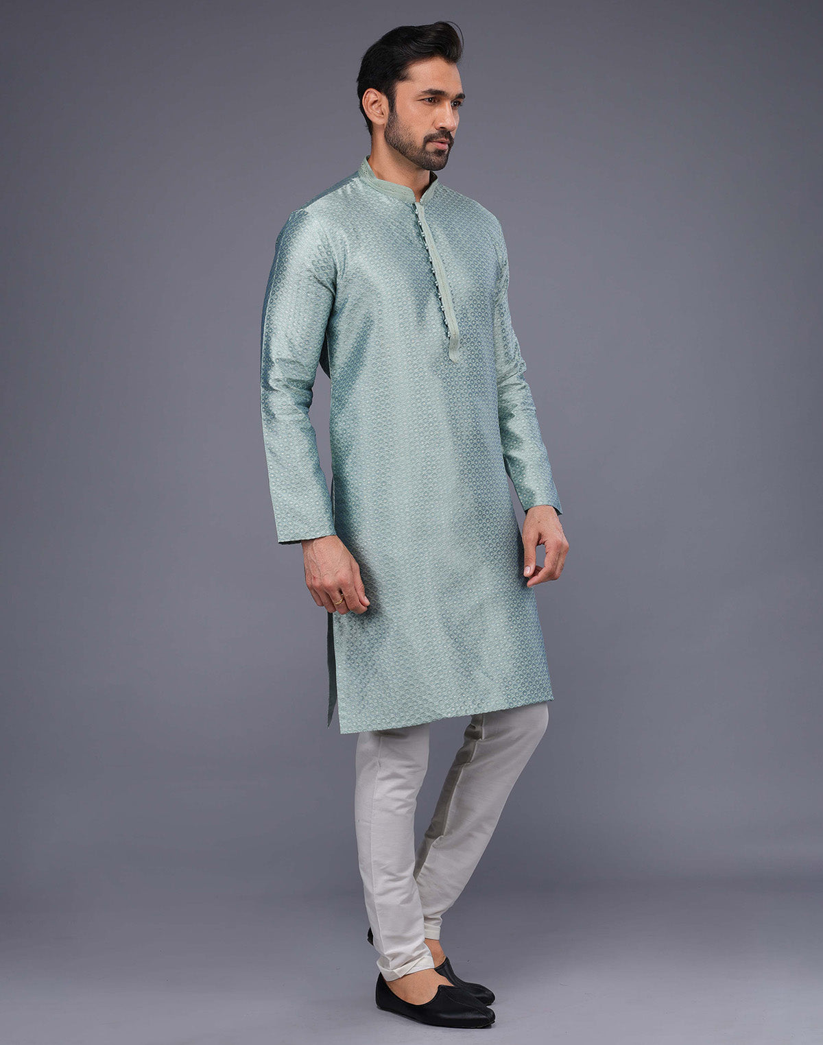 Collection of Light Blue Jacquard Geometric Design Thread Work Kurta Set in a gallery layout