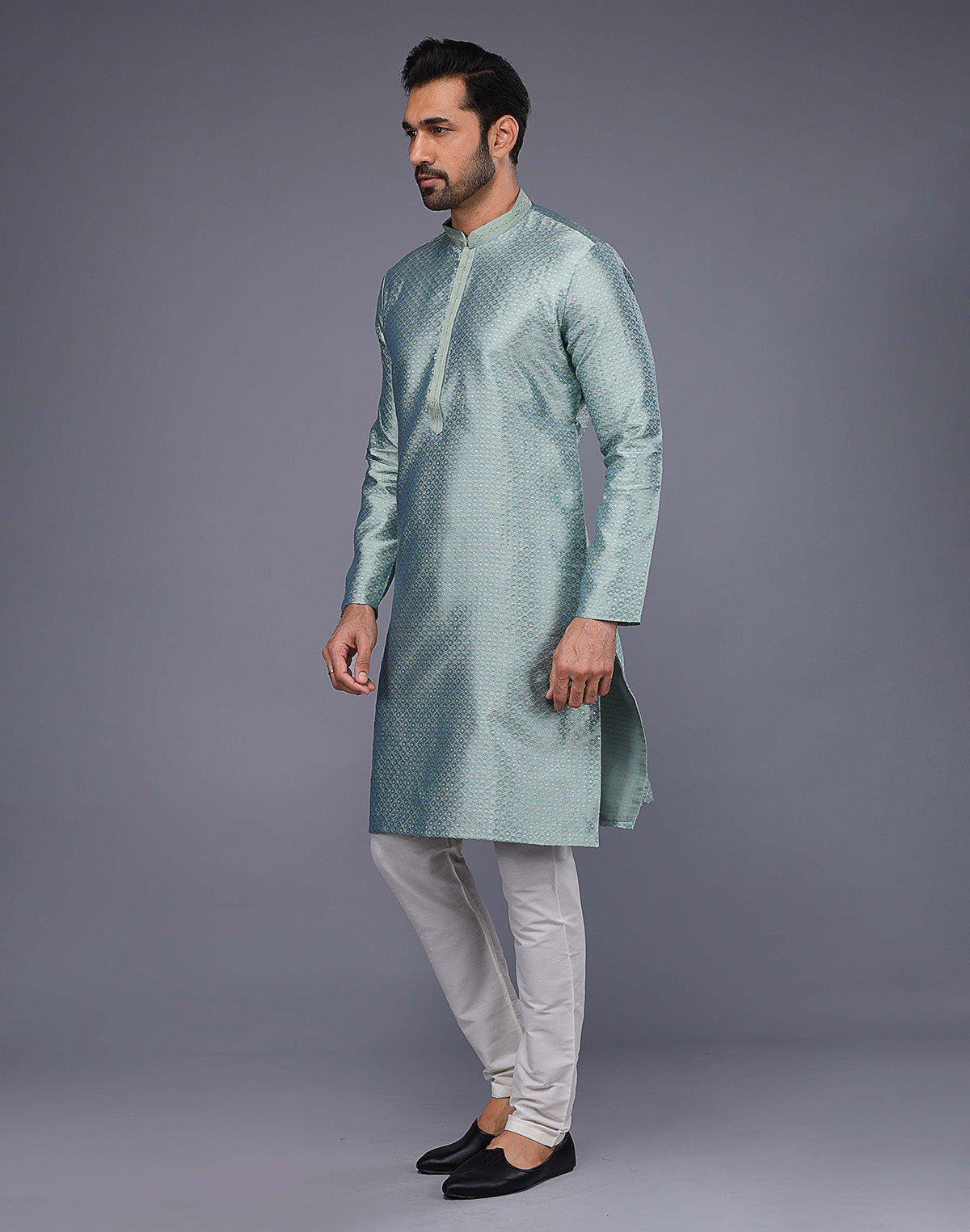 Collection of Light Blue Jacquard Geometric Design Thread Work Kurta Set in a gallery layout